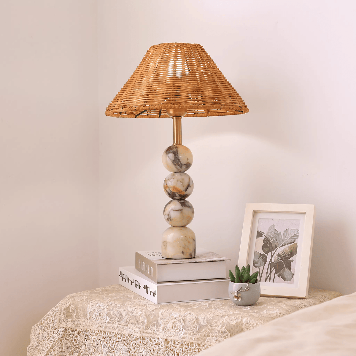 Marble Orb Rattan Table Lamp – Natural Stone & Woven Shade