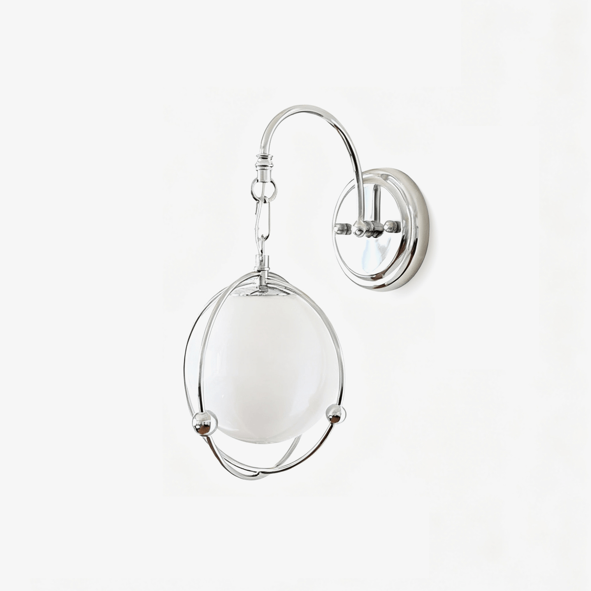 Orb Cage Semi Wall Sconce in Chrome with White Glass Globe
