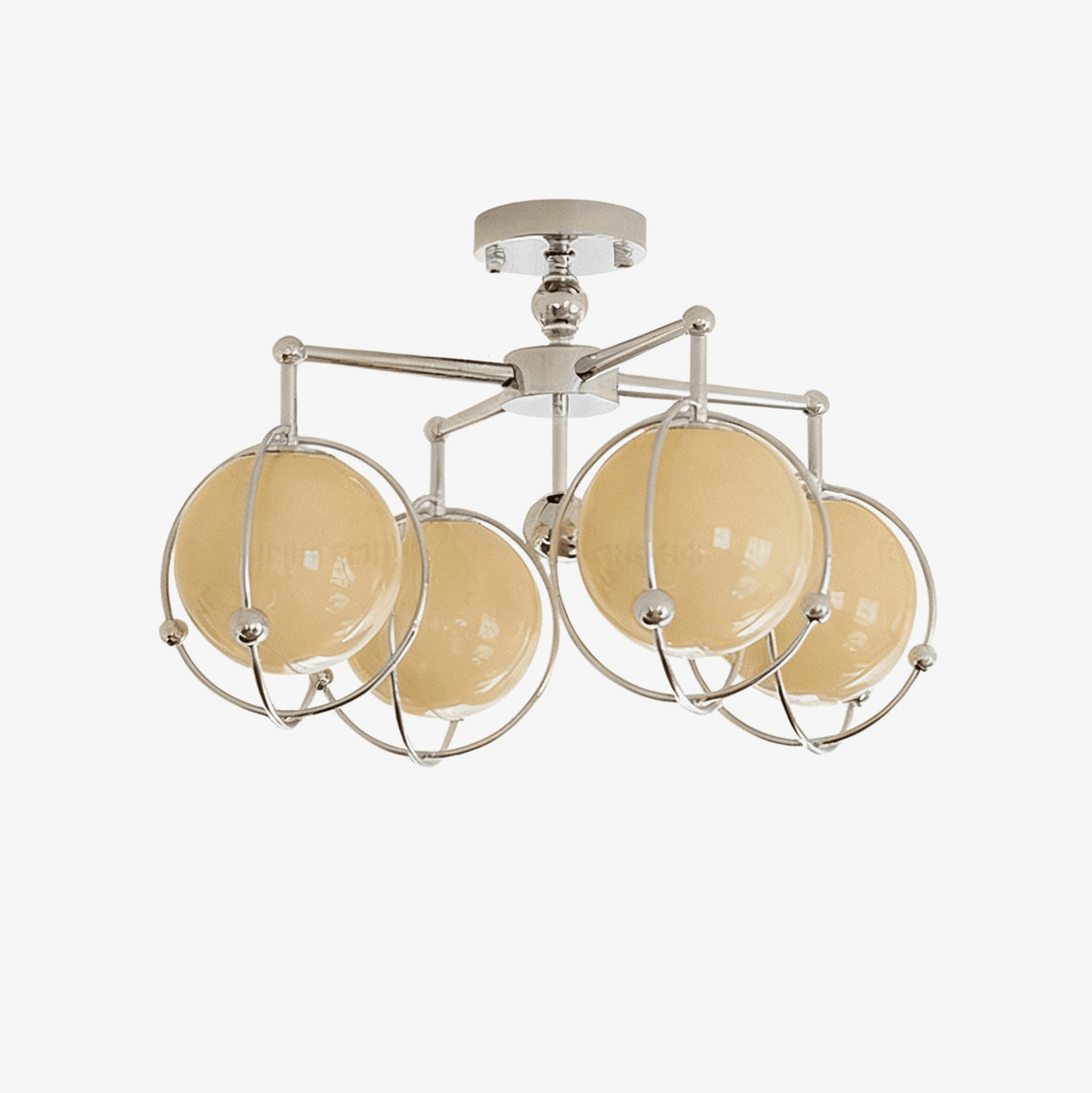 Orb Cage Semi Flush Ceiling Light in Chrome and Beige Glass