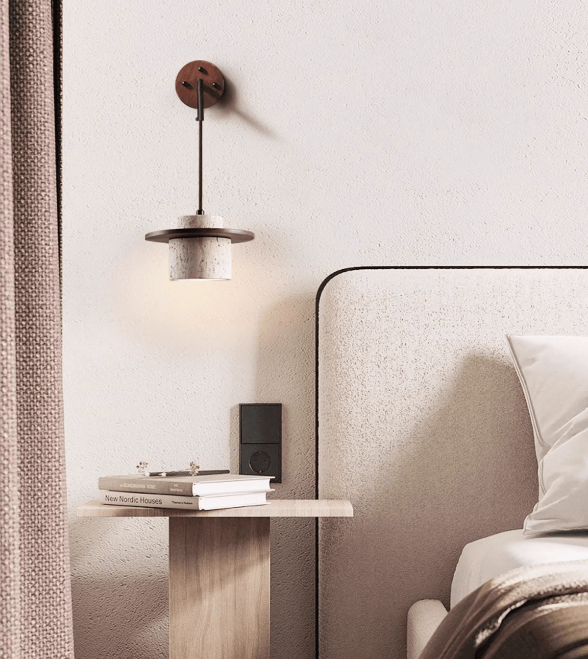 Cylindrical Travertine Wall Sconce in Walnut and Metal