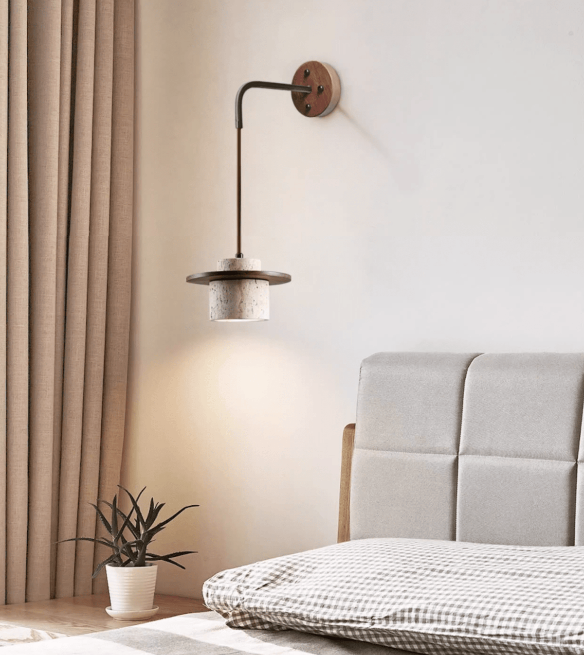 Cylindrical Travertine Wall Sconce in Walnut and Metal