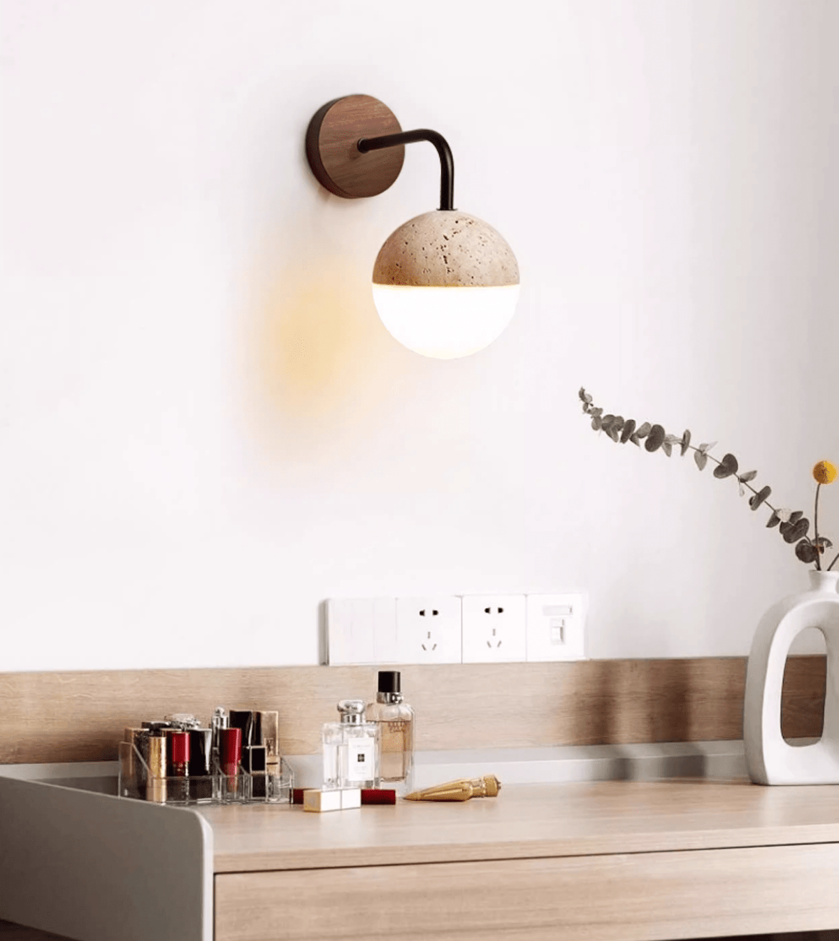 Lunar Stone Orb Wall Sconce in Walnut and Travertine