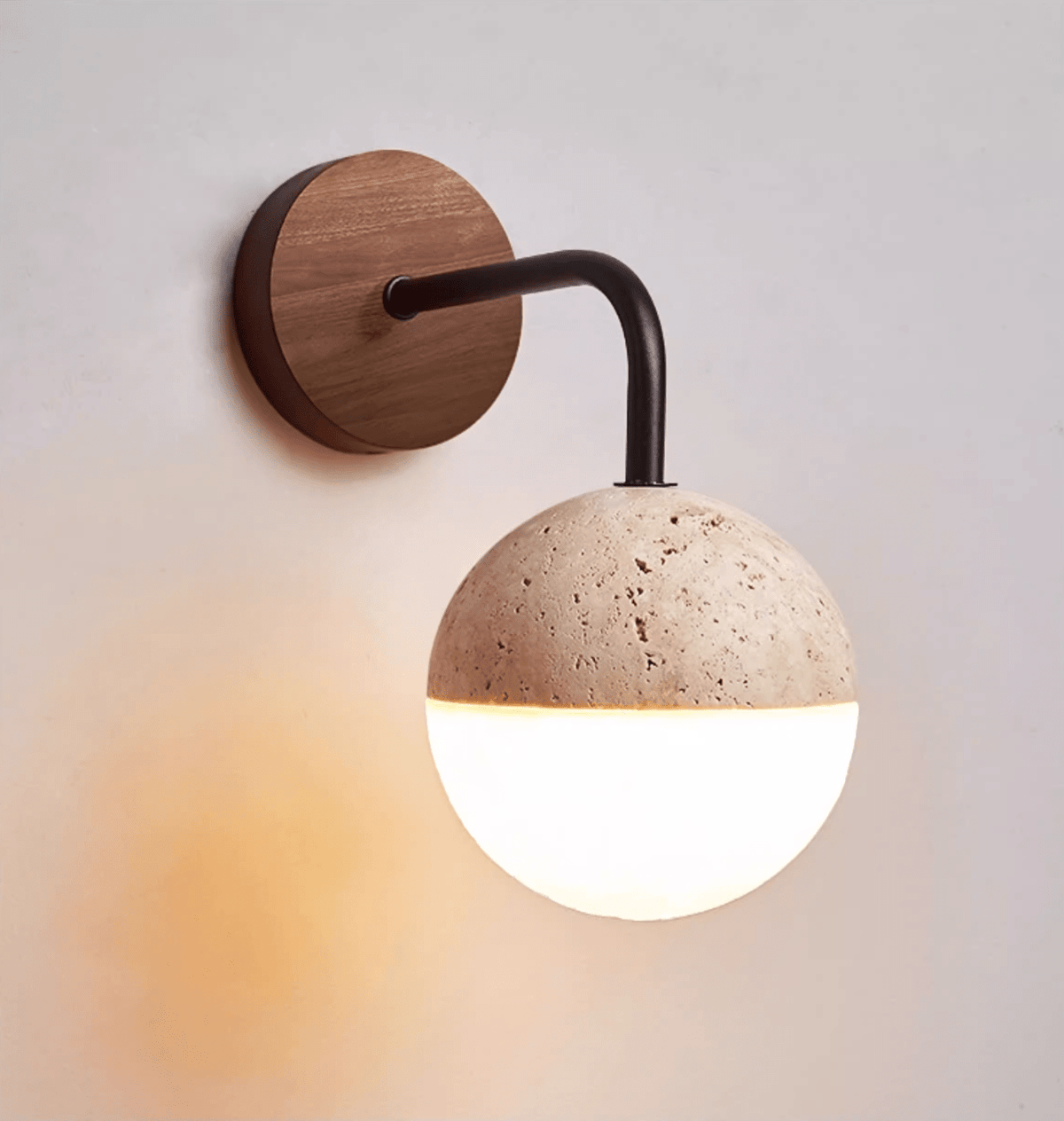 Lunar Stone Orb Wall Sconce in Walnut and Travertine