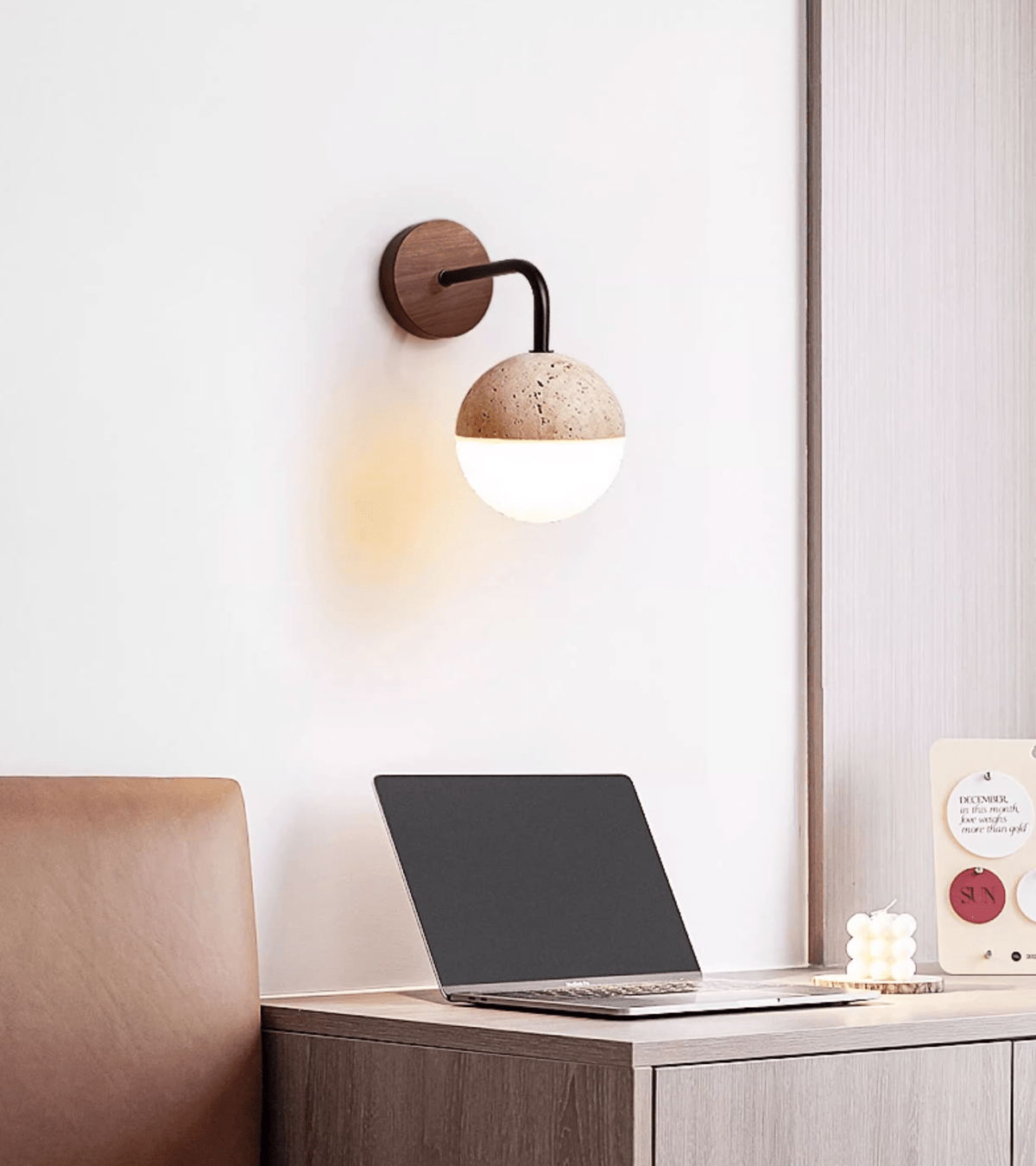 Lunar Stone Orb Wall Sconce in Walnut and Travertine