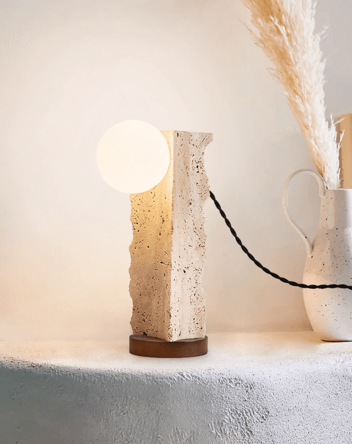 Terra Travertine Orb Table Lamp – Sculptural Stone & Walnut Accent Light