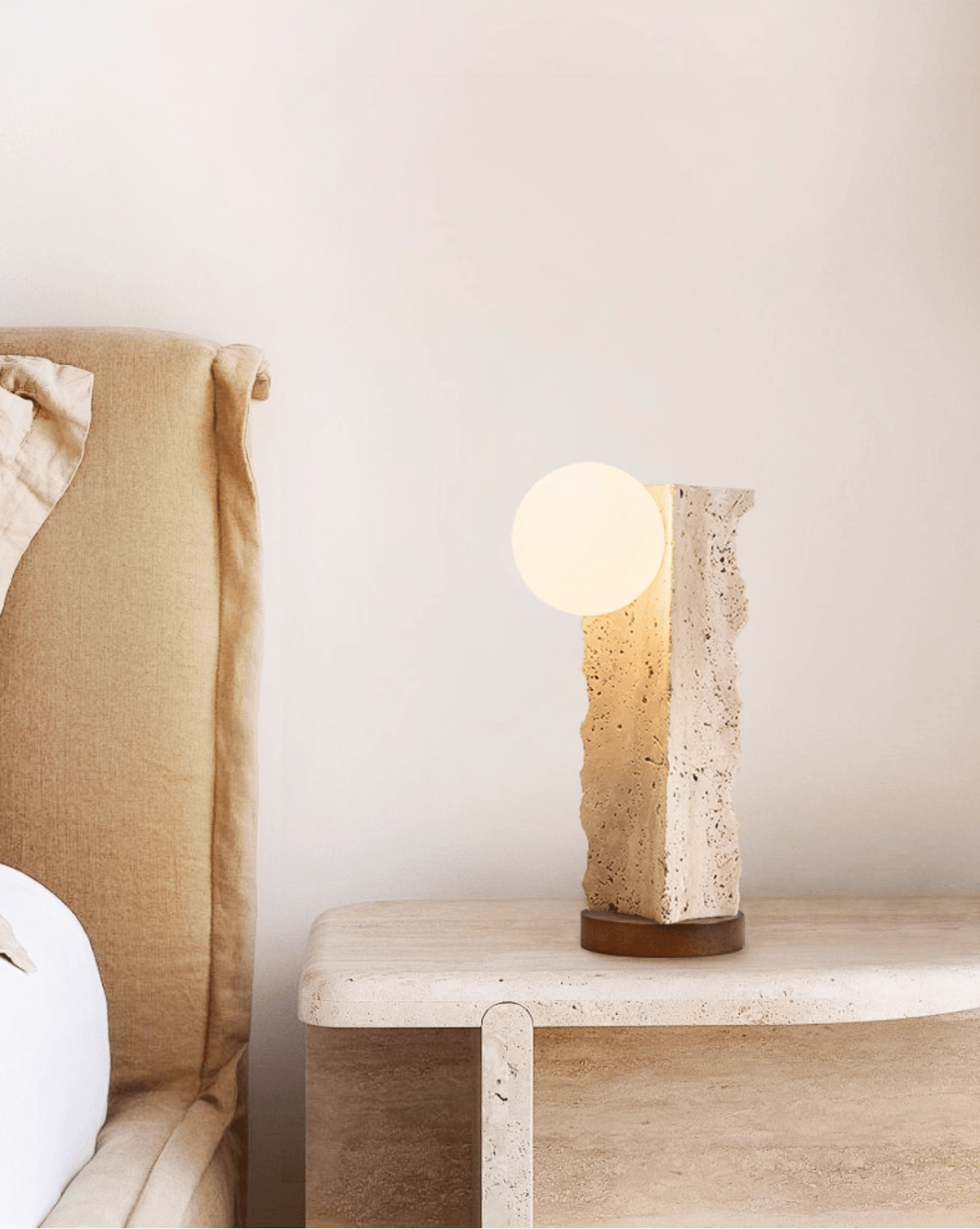 Terra Travertine Orb Table Lamp – Sculptural Stone & Walnut Accent Light