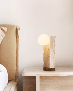Terra Travertine Orb Table Lamp – Sculptural Stone & Walnut Accent Light