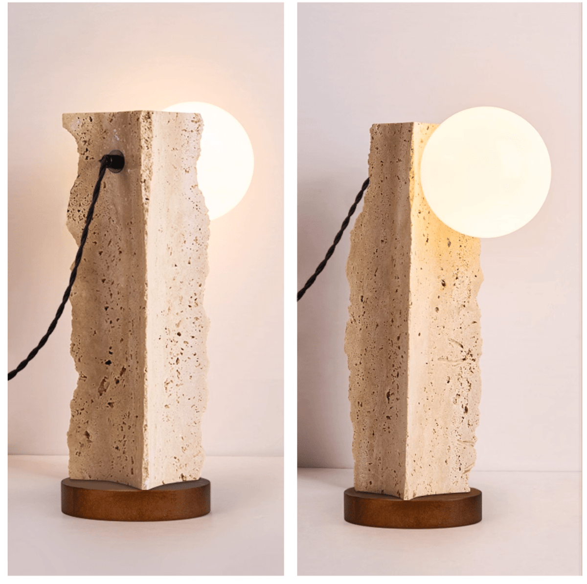 Terra Travertine Orb Table Lamp – Sculptural Stone & Walnut Accent Light