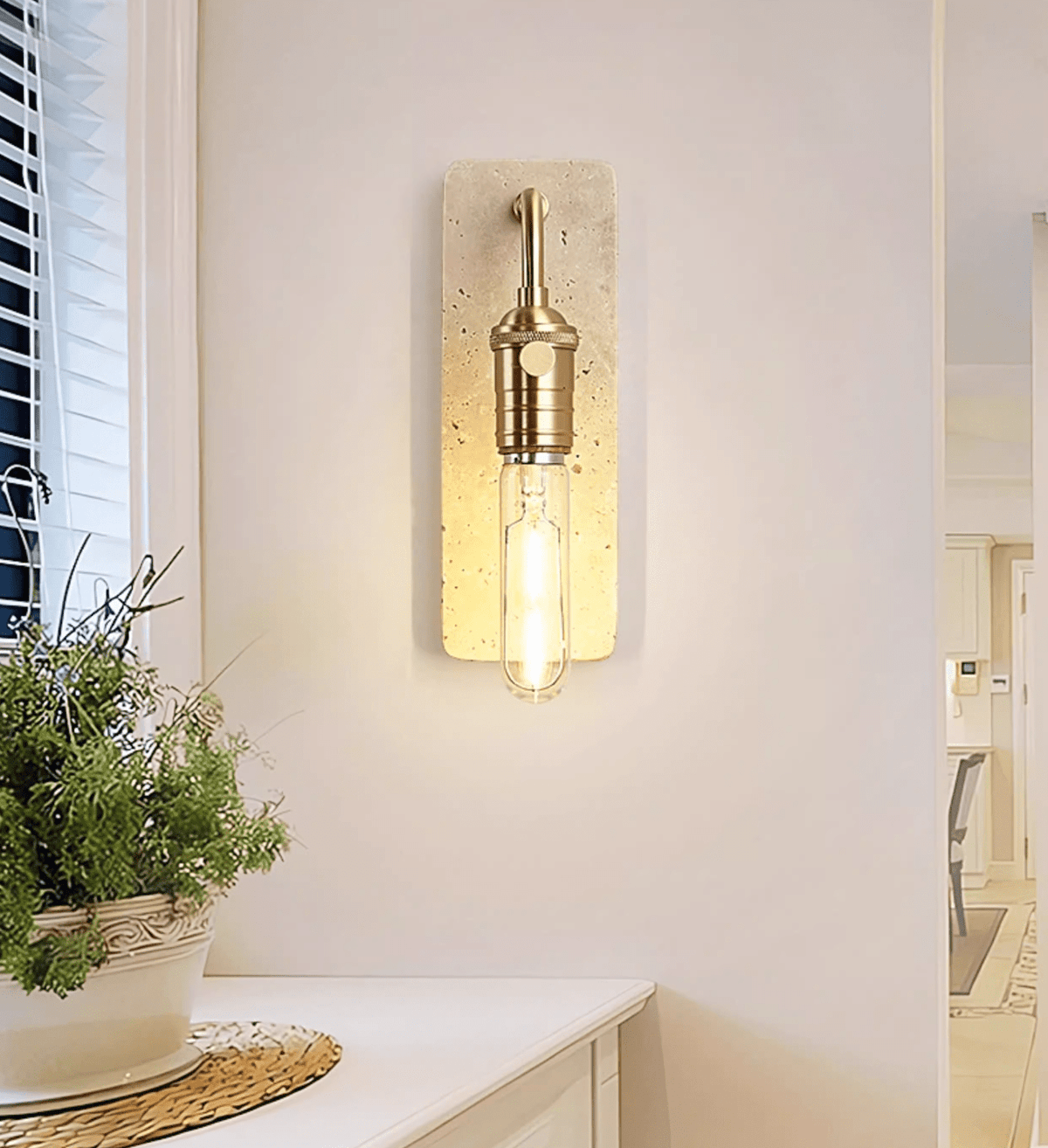 Industrial Stone Wall Sconce in Travertine and Aged Gold