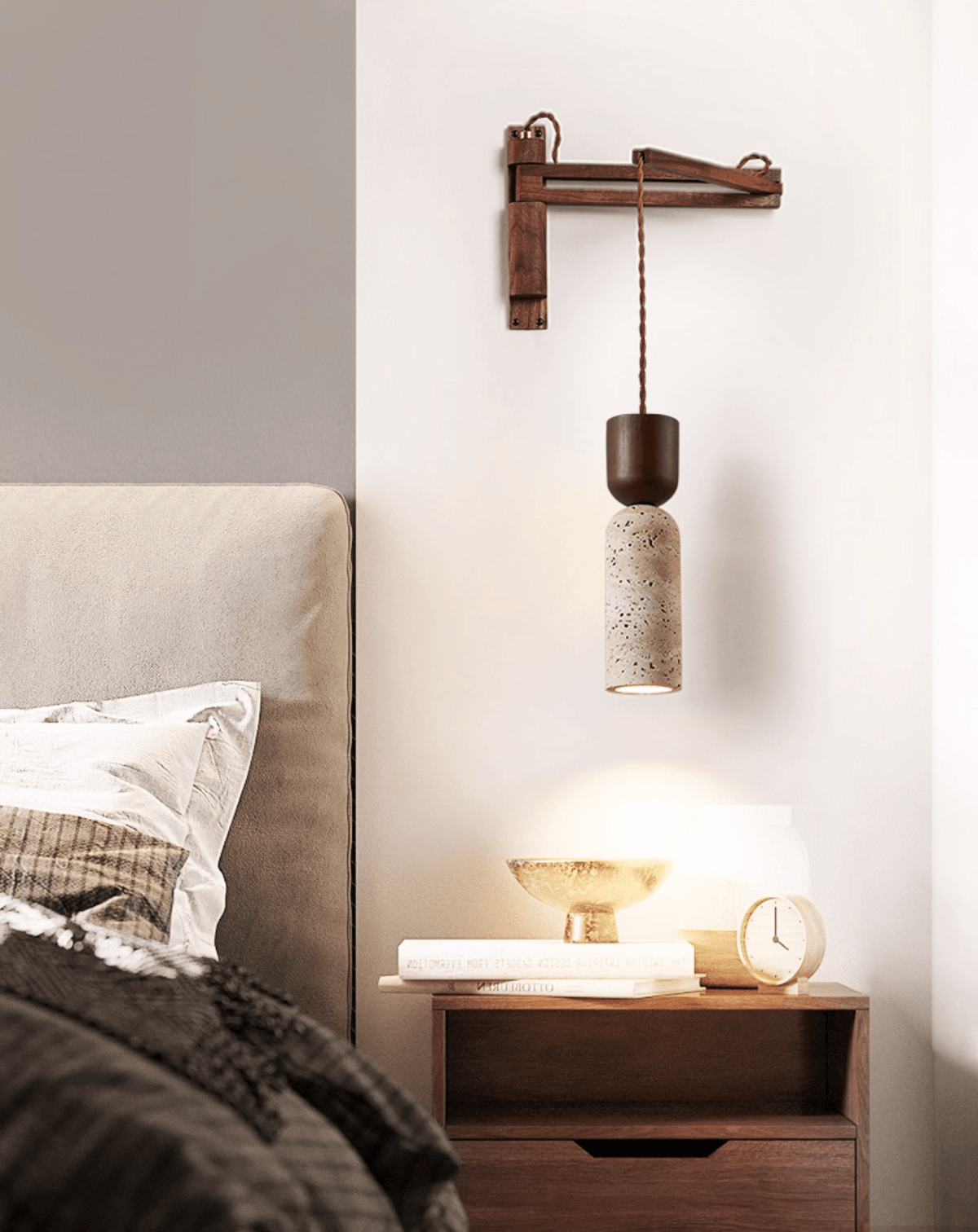 Travertine and Walnut Wall Sconce with Curved Wooden Arm