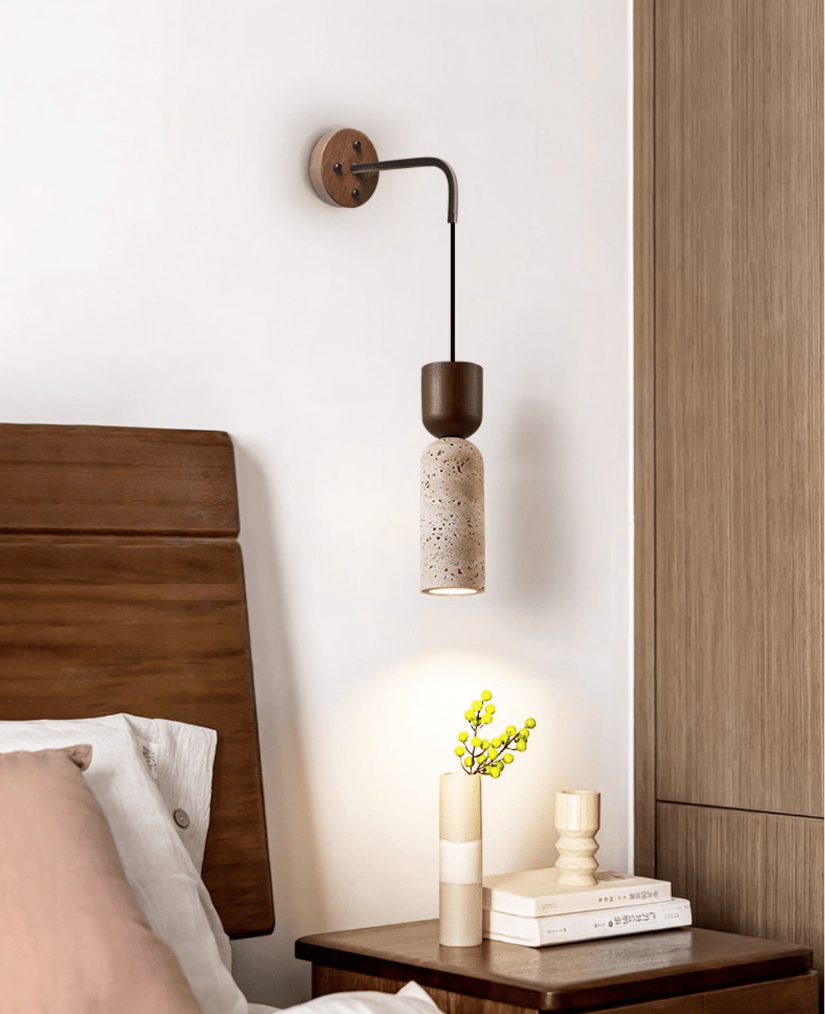 Travertine and Walnut Wall Sconce with Curved Wooden Arm