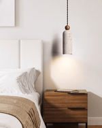 Cylinder Travertine Wood Bead Pendant Light, Minimalist Organic Hanging Lamp for Dining Room and Kitchen Island