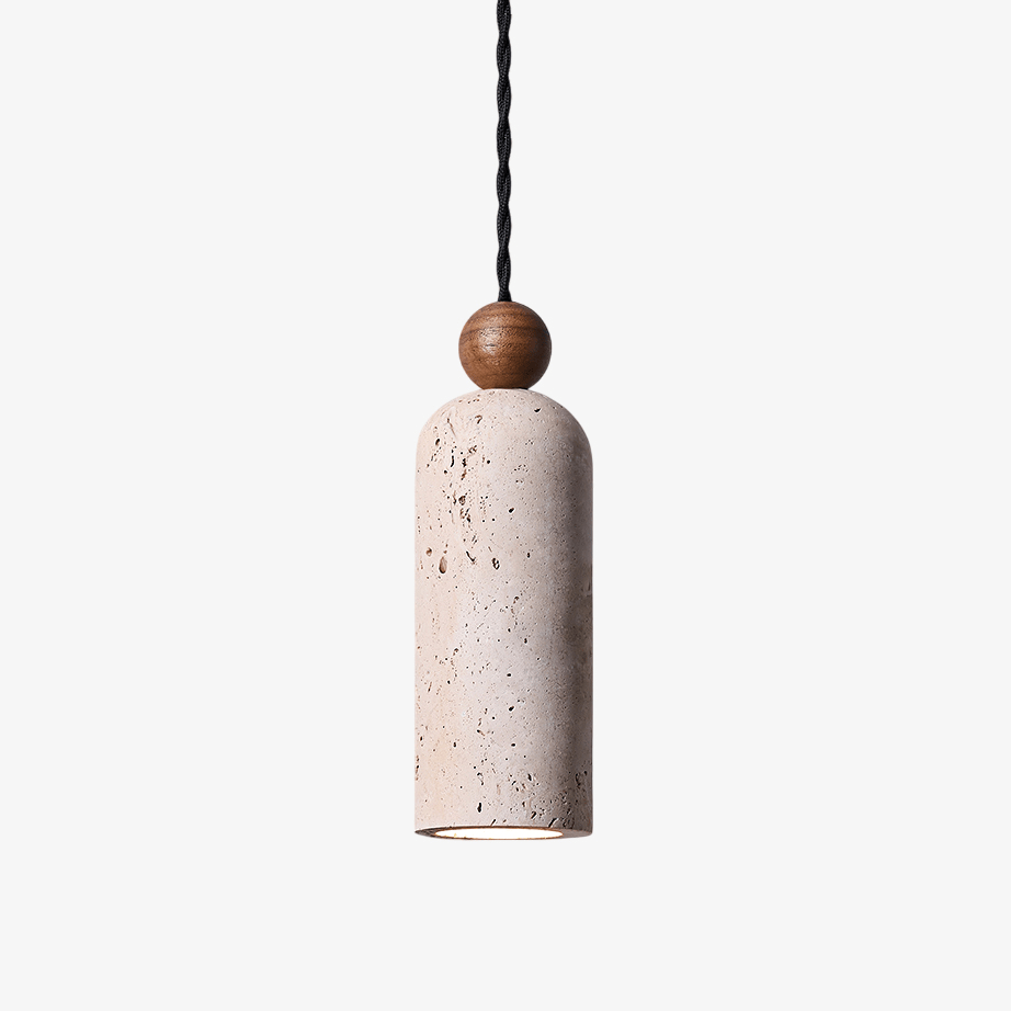 Cylinder Travertine Wood Bead Pendant Light, Minimalist Organic Hanging Lamp for Dining Room and Kitchen Island