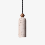 Cylinder Travertine Wood Bead Pendant Light, Minimalist Organic Hanging Lamp for Dining Room and Kitchen Island