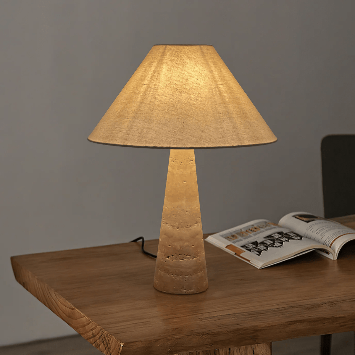 Travertine Column Table Lamp with Off-White Fabric Shade