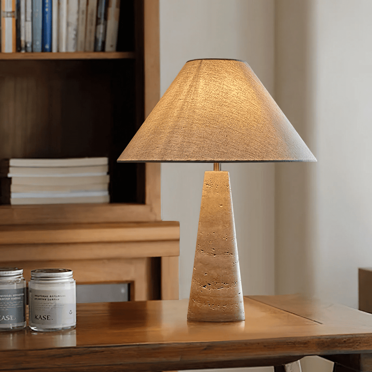 Travertine Column Table Lamp with Off-White Fabric Shade