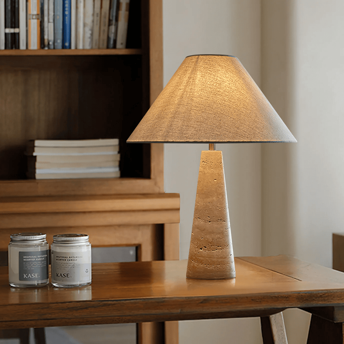 Travertine Column Table Lamp with Off-White Fabric Shade