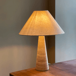 Travertine Column Table Lamp with Off-White Fabric Shade