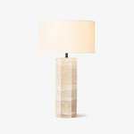 Travertine Column Table Lamp with Off-White Fabric Shade
