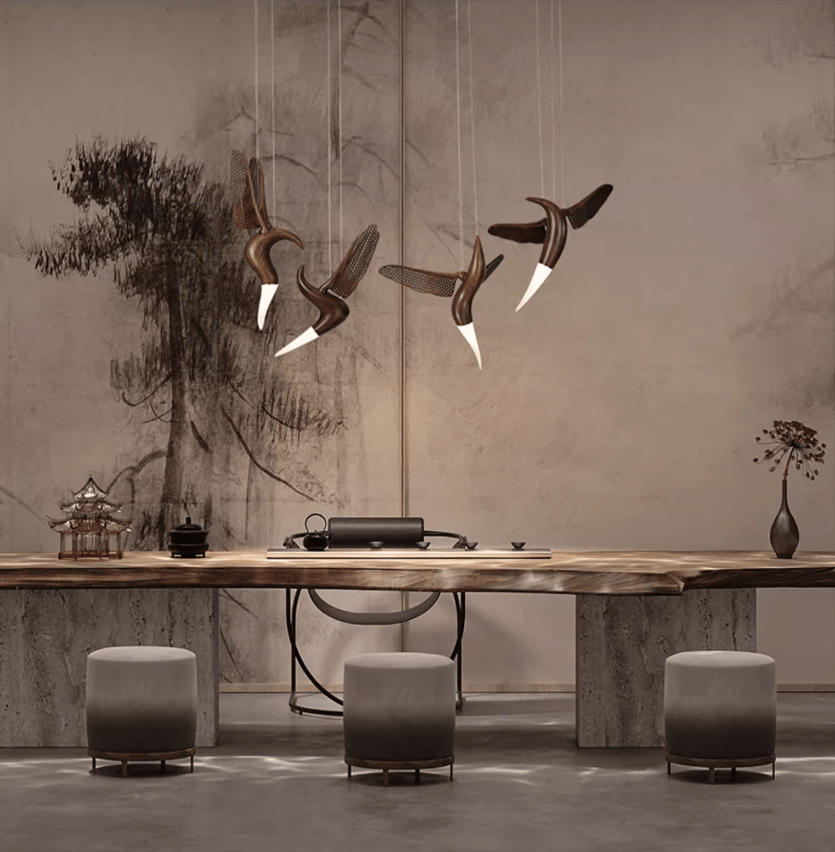 Avian Flight Chandelier – Sculptural Wooden Bird Pendant Light