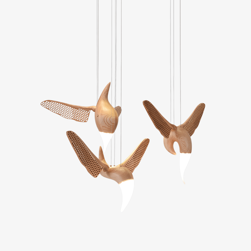 Avian Flight Chandelier – Sculptural Wooden Bird Pendant Light