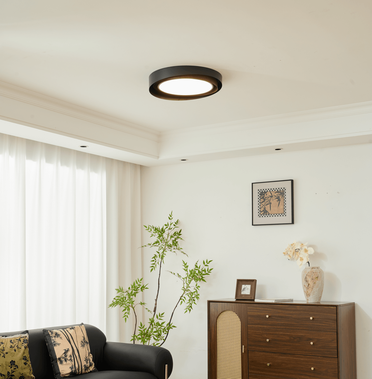 Kaelen Duet Flush Mount Ceiling Light – Modern LED Wood Grain & Iron