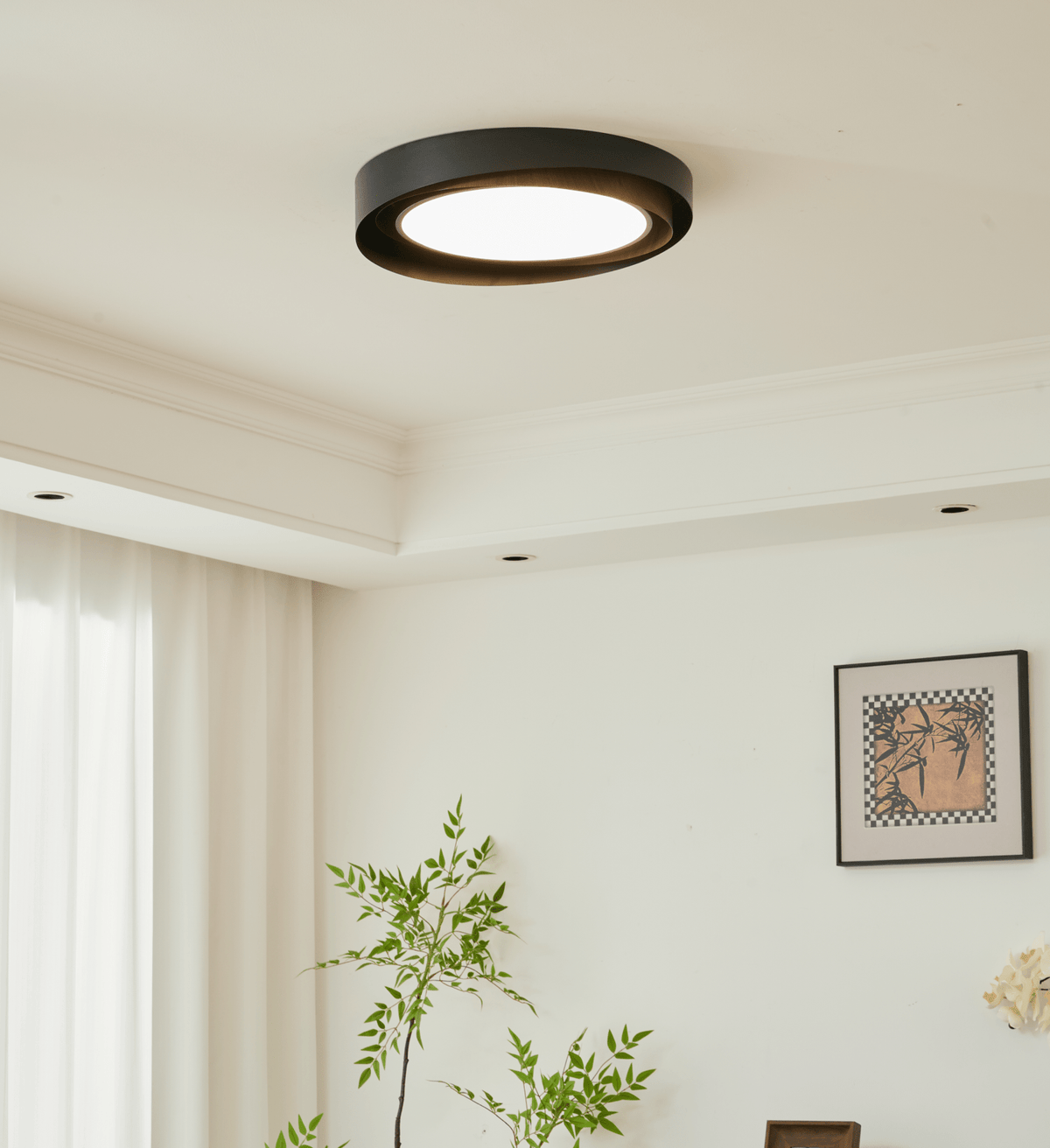 Kaelen Duet Flush Mount Ceiling Light – Modern LED Wood Grain & Iron