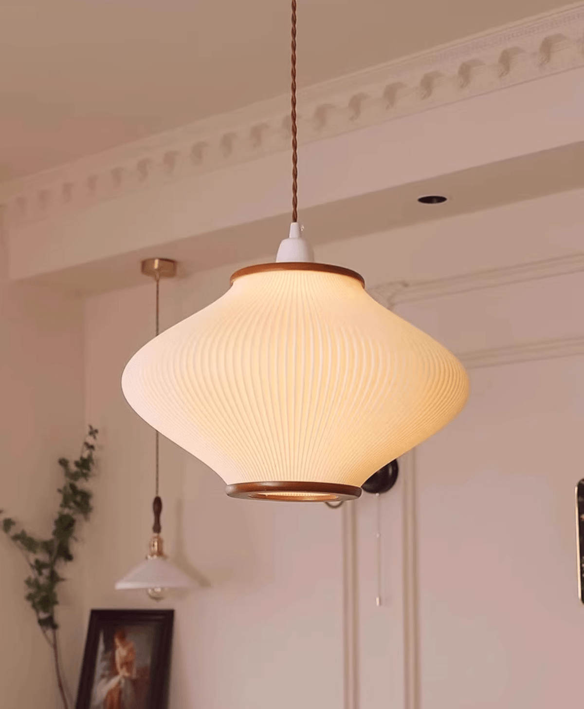 Olivra Fabric Pendant Light with Walnut Wood Accents for Dining and Living Spaces