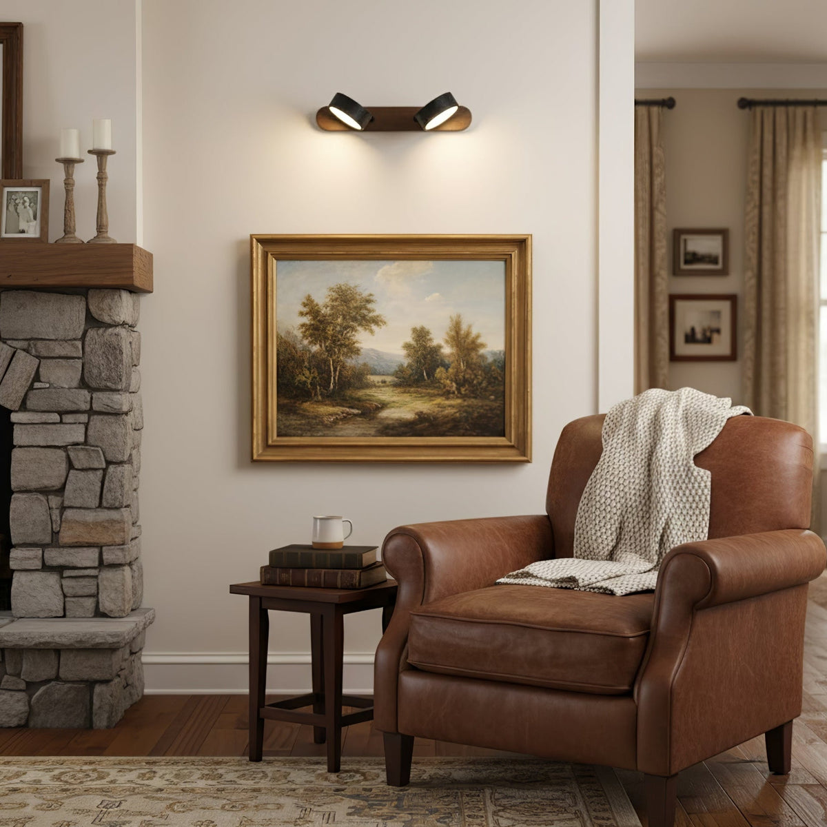 Black Travertine Duo Wall Light — Walnut LED Sconce