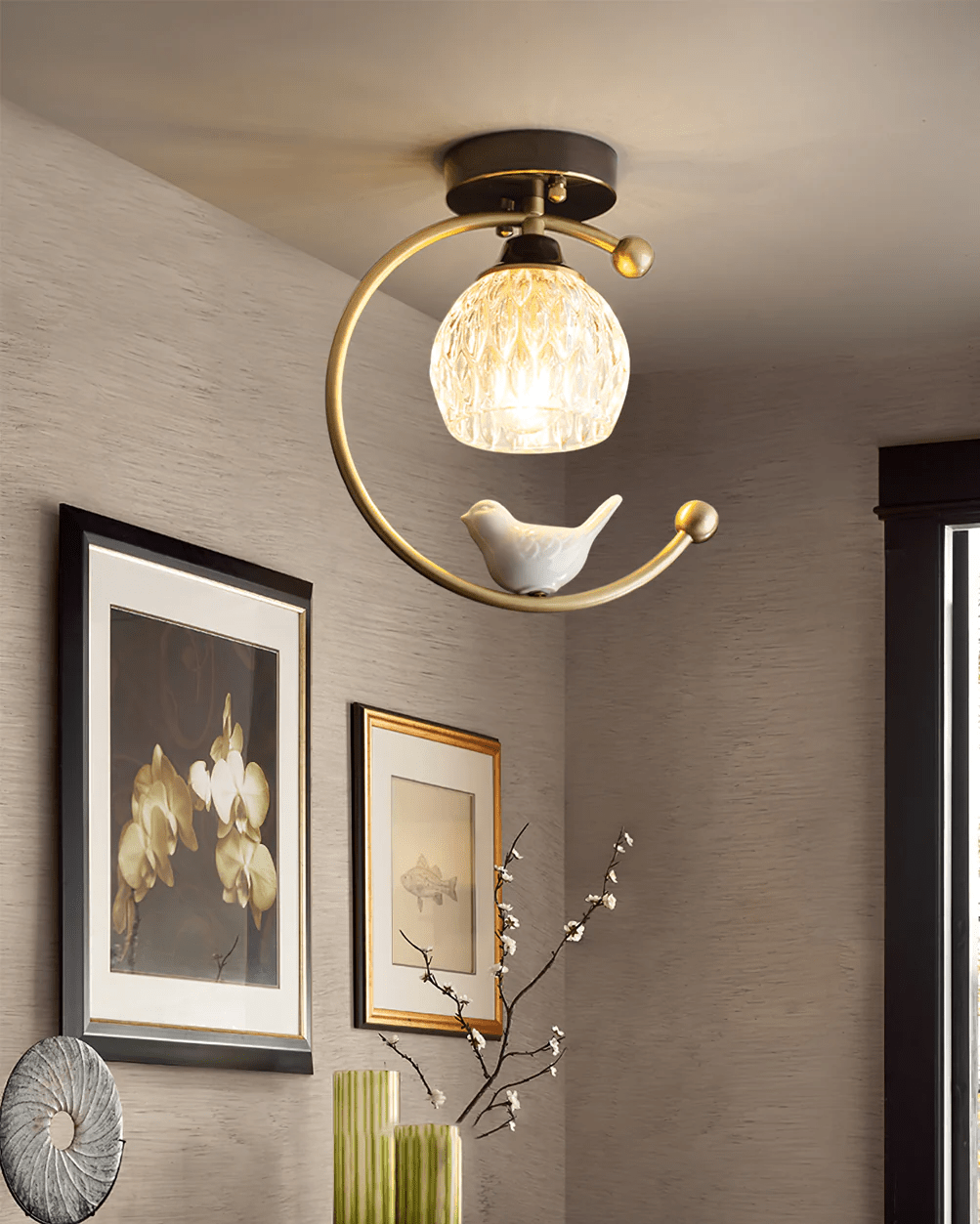 Auri Bird Ceiling Light – Sculptural Brass & Glass Flush Mount