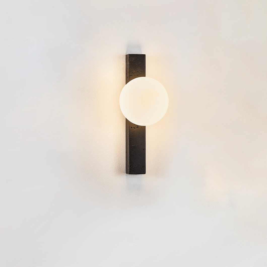 Balanced Globe Wall Sconce in Black Travertine and Opal Glass