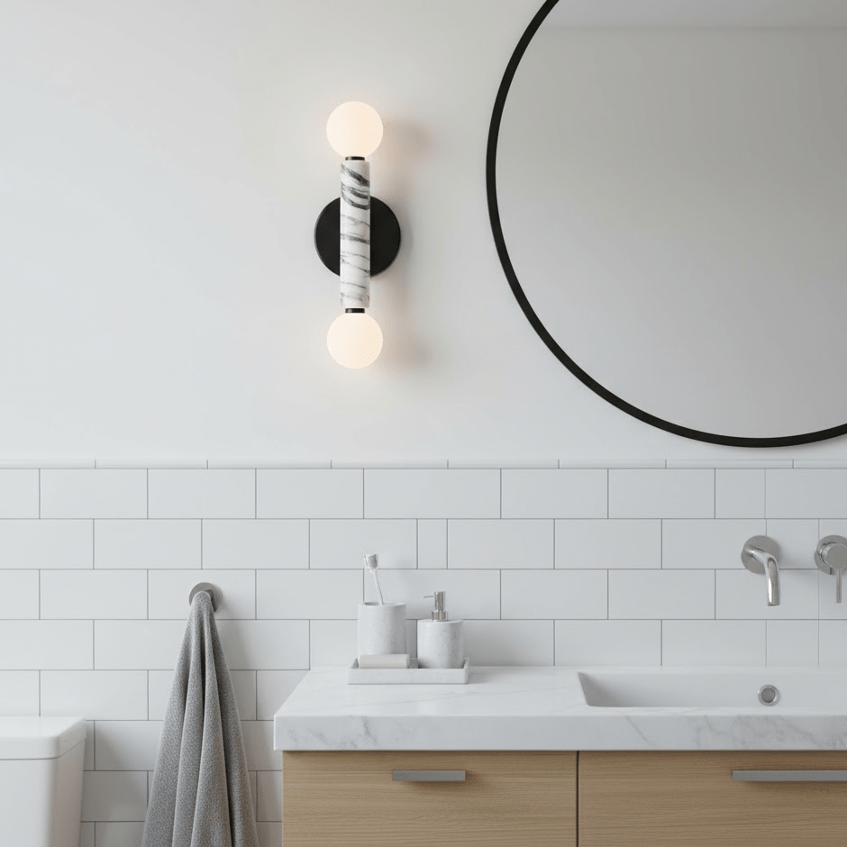 Obelisk Orb Wall Sconce in Marble and Opal Glass