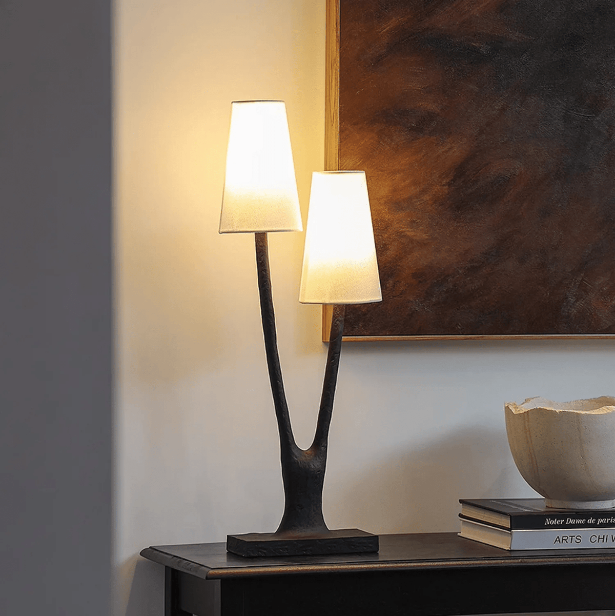 Roots Sculptural Table Lamp in Black Bronze with Fabric Shades
