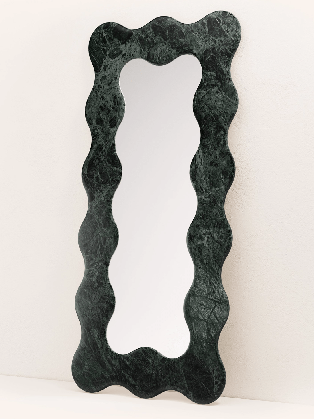 Serpentine Vert Marble Mirror Frame — Sculptural Wavy Edge Wall Mirror