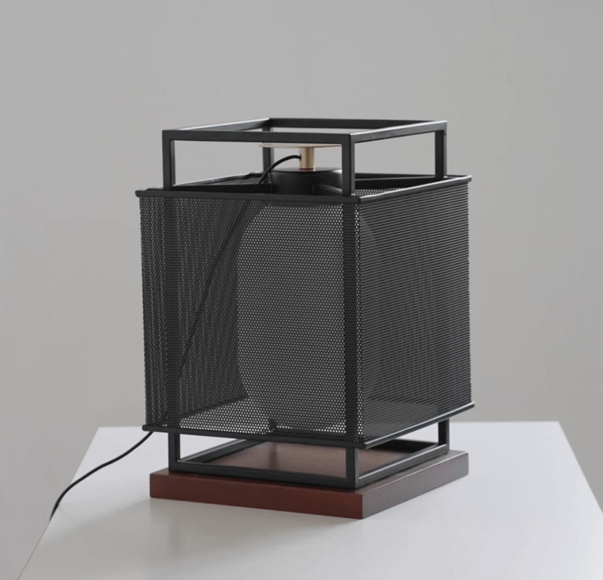 Maelis Sculptural Table Lamp with Perforated Metal Shade and Wooden Base