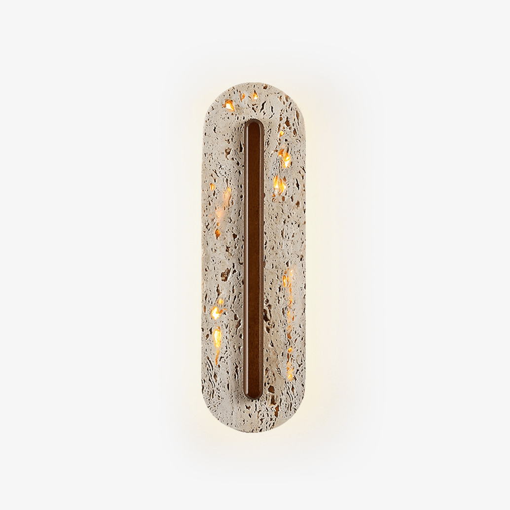 Oryn Travertine Wall Sconce with Walnut Accent – Modern Organic LED Wall Light