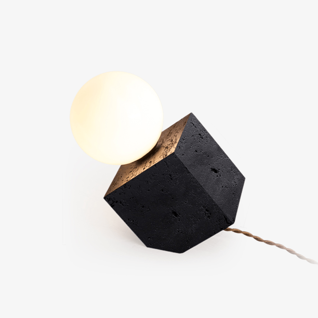 Kryden Sculptural Table Lamp in Black Travertine with Glass Globe