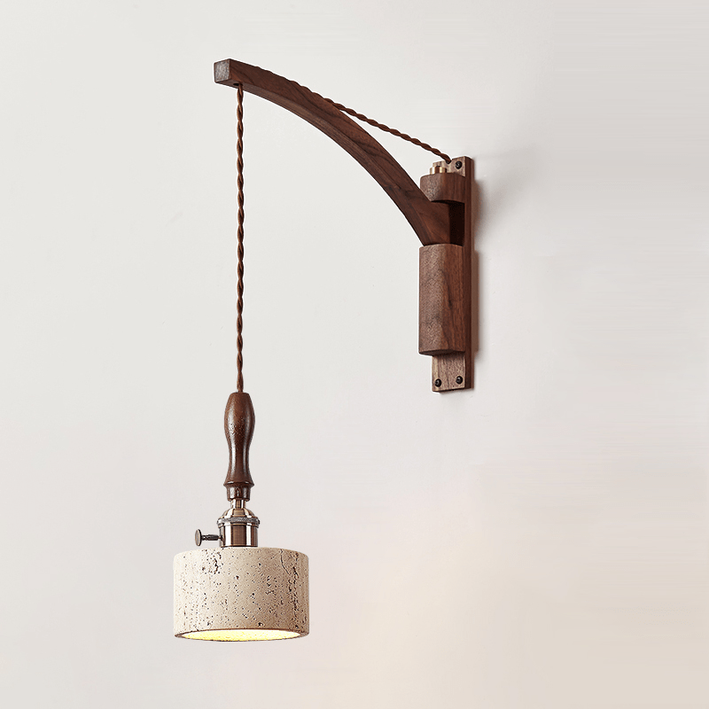 Arvilo Travertine Wall Sconce with Walnut Handle – Modern Bedside Lamp