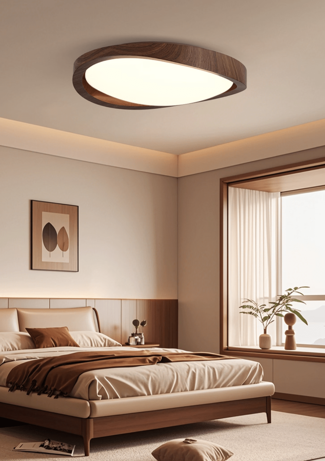 Walnut Curved Edge Ceiling Light – Modern Flush Mount LED Fixture