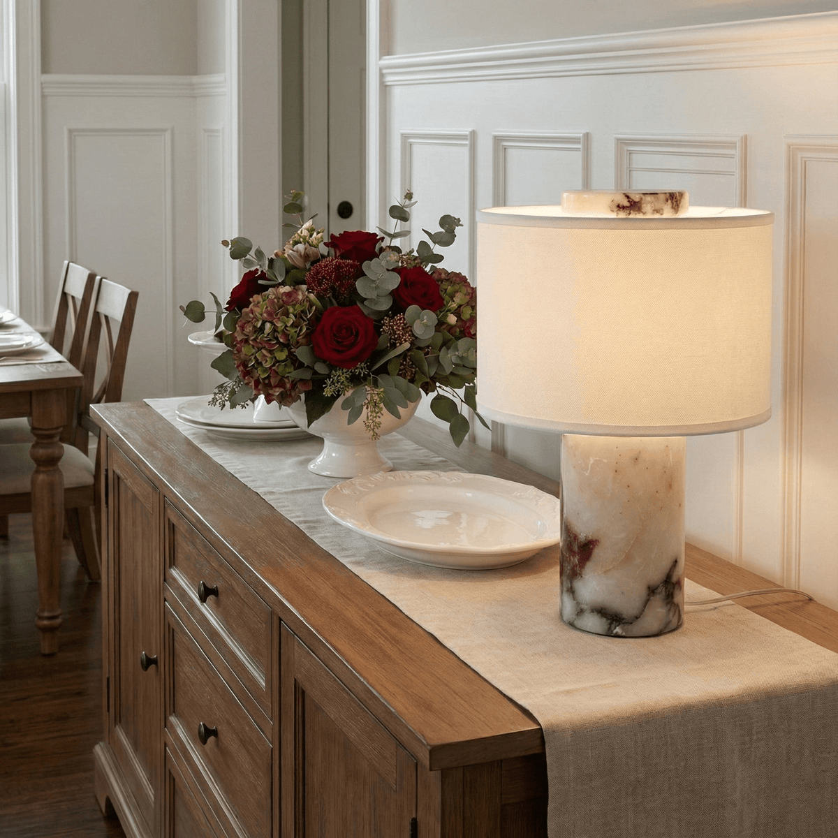 Helvion Sculptural Table Lamp with Marble Base and Linen Shade