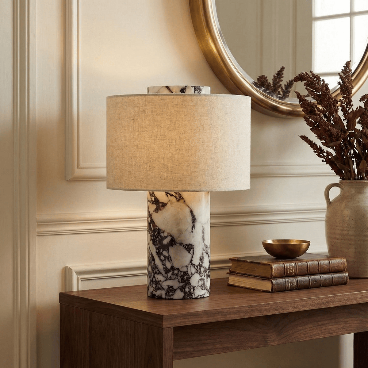 Helvion Sculptural Table Lamp with Marble Base and Linen Shade
