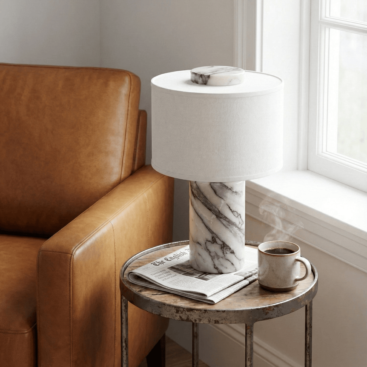 Helvion Sculptural Table Lamp with Marble Base and Linen Shade