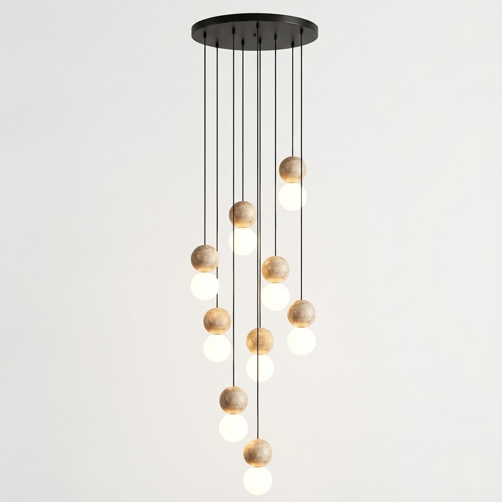 Camille Travertine Pendant Light – Natural Stone Sphere with Opal Glass Globe