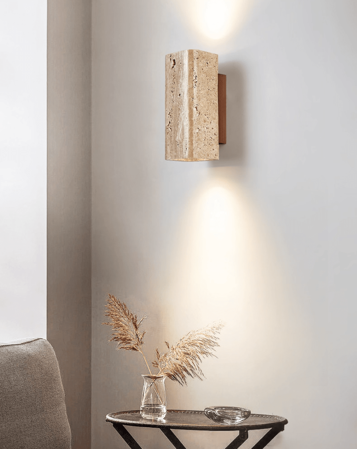 Tavora Arc Wall Sconce in Yellow Travertine and Walnut Wood