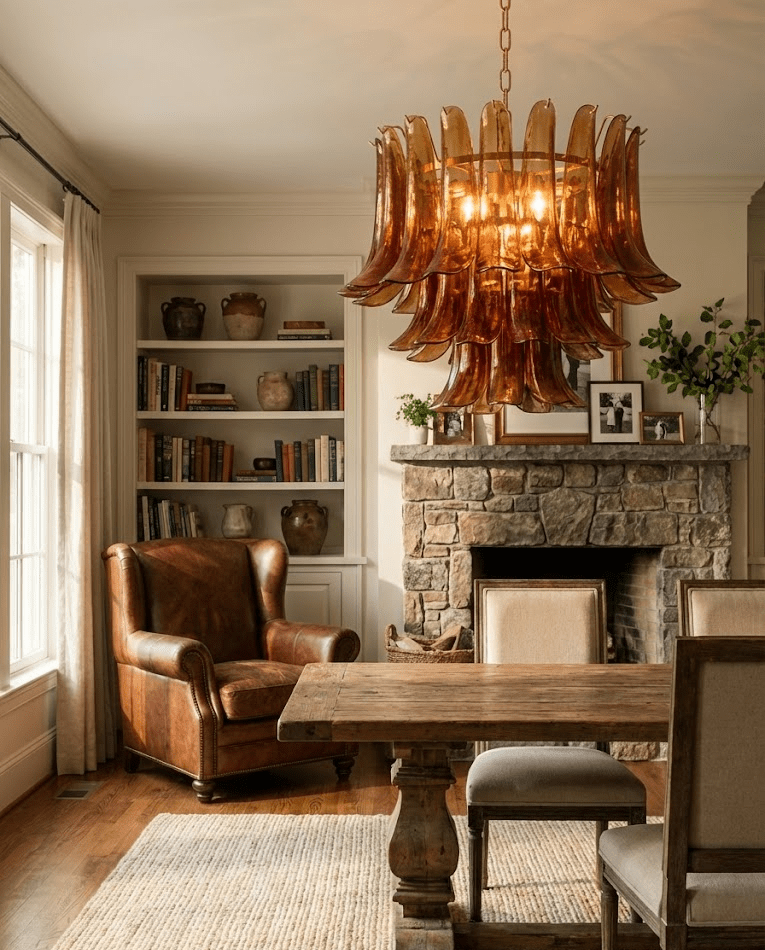 Emberwave Glass Chandelier – Handcrafted Amber Glass Pendant Light for Dining Room and Entryway