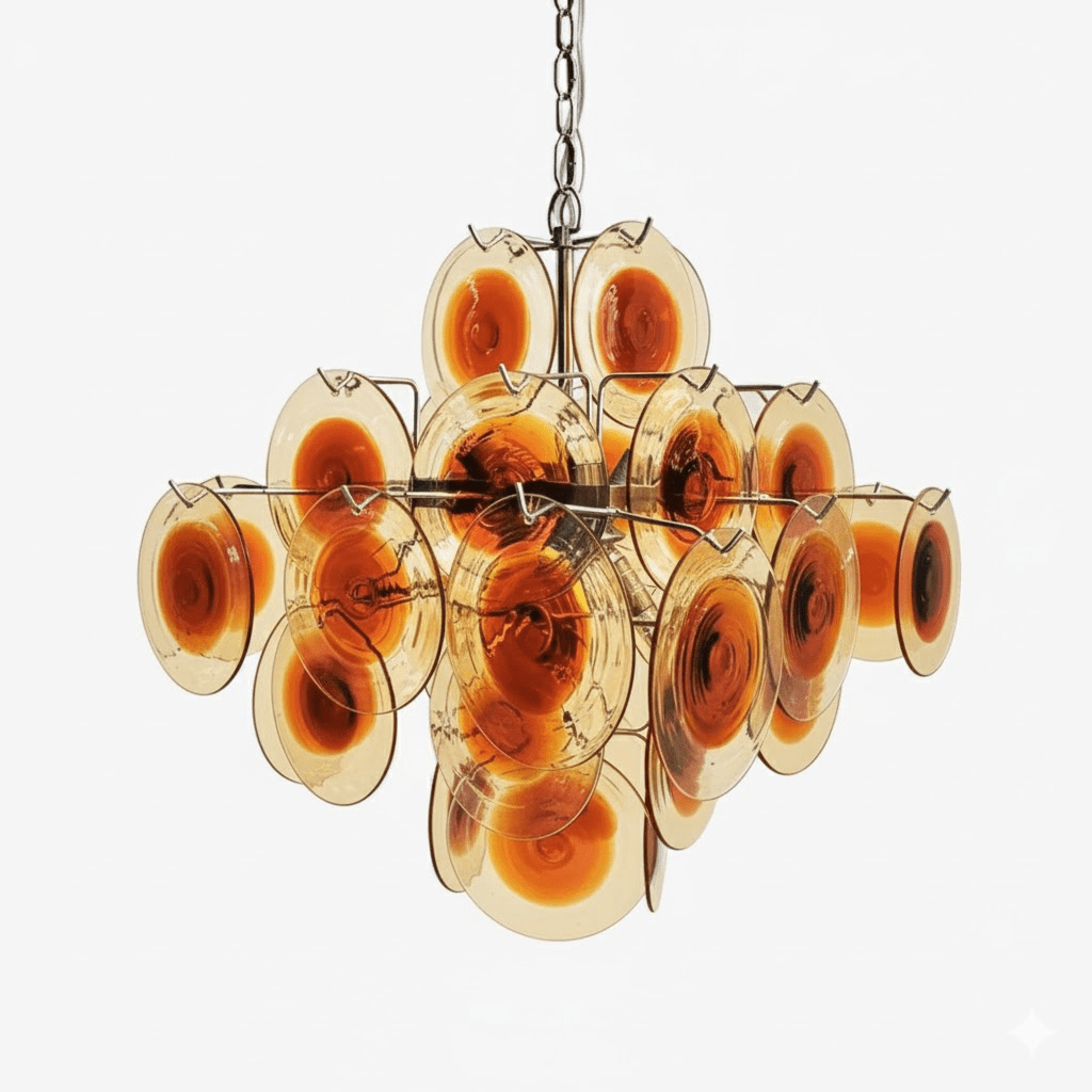 Mazzega Vistosi Style Hand-Blown Amber Glass Chandelier in Nickel