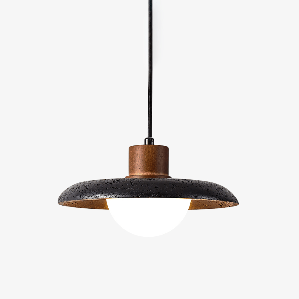 Atria Stone Dome Pendant Light in Black Travertine and Walnut