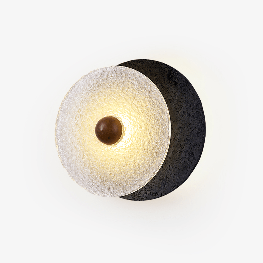 Lunara Textured Disc Wall Sconce in Black Travertine and Frosted Glass