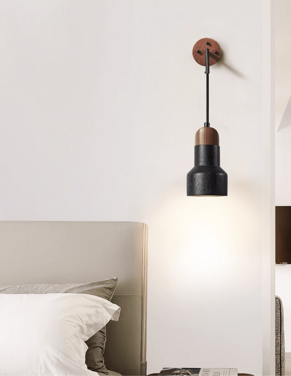 Vulkan Drop Wall Sconce in Black Travertine and Walnut