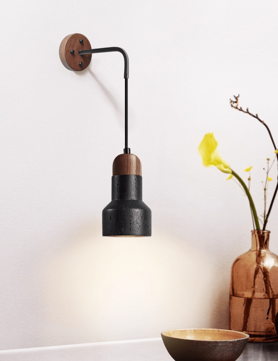 Vulkan Drop Wall Sconce in Black Travertine and Walnut
